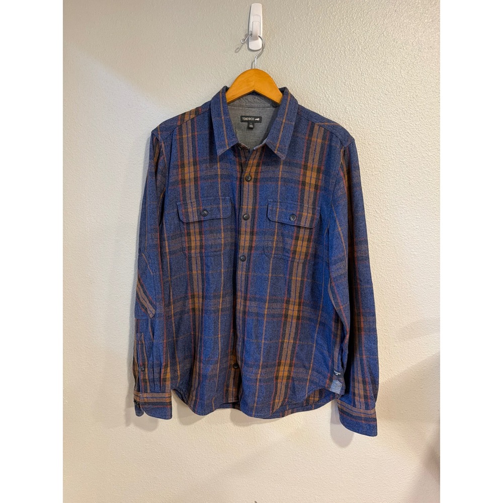 Toad&Co Flannel Shirt‎ Mens Large Blue Orange Plaid Recycled Cotton Elbow Patch